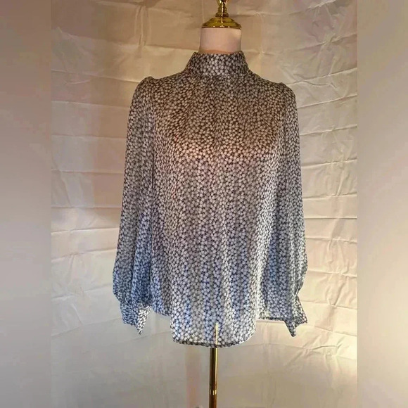 H&M Gray and White Mock Neck Puff Sleeve Blouse - Picture 1 of 8